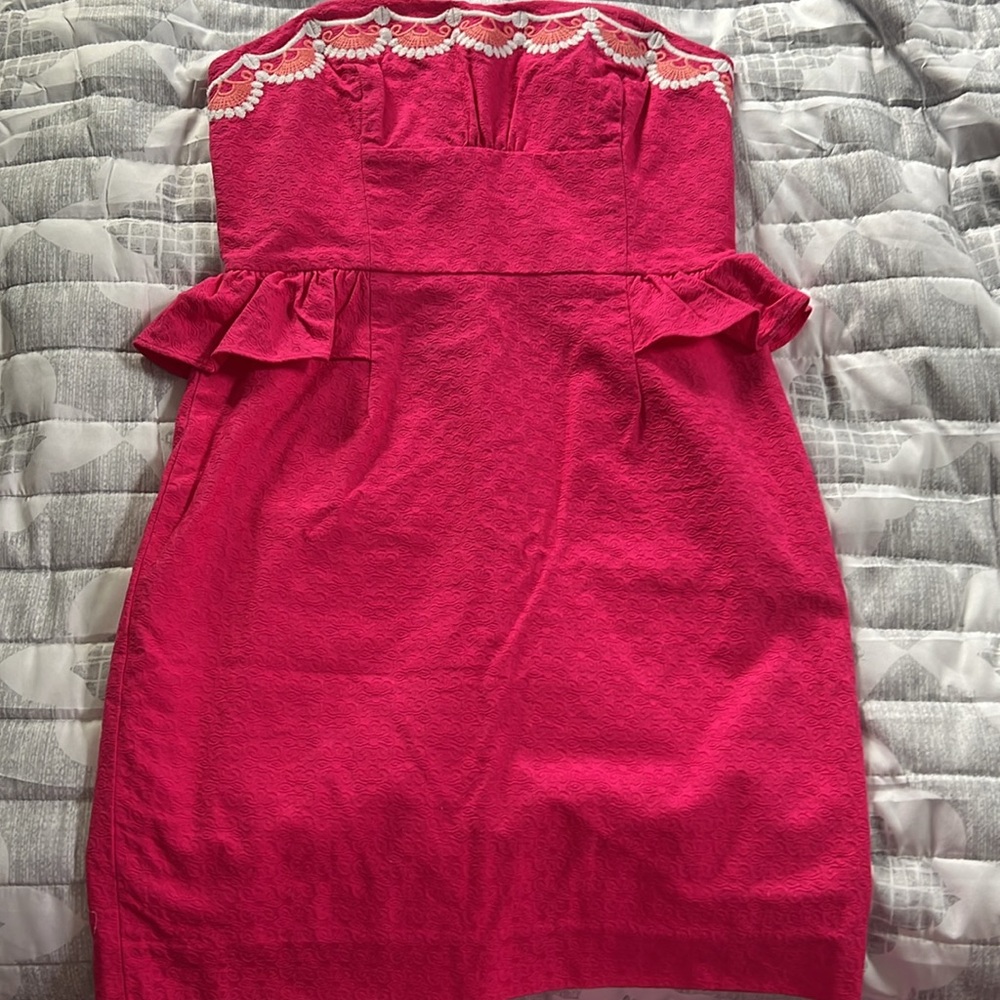 Lilly Pulitzer Dress Strapless Sheath Maybell Womens 4 Azalea Pink Peplu…